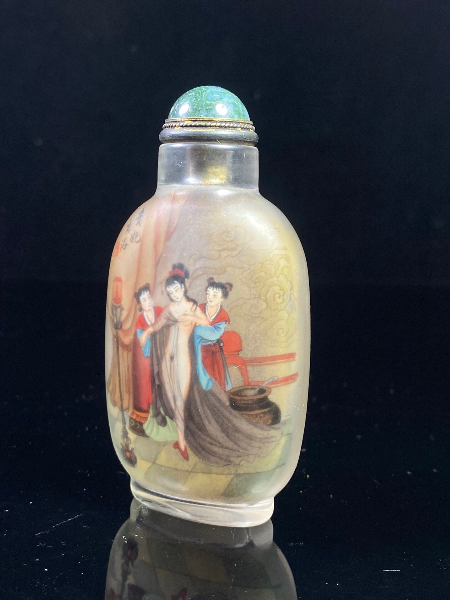 Chinese antique glass interior painting, painting of a noble consort taking a bath, snuff bottle