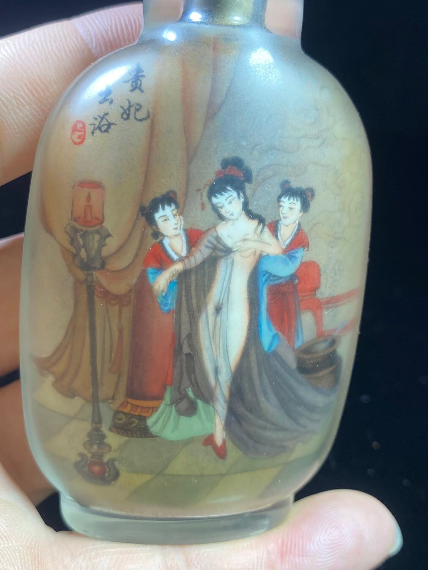 Chinese antique glass interior painting, painting of a noble consort taking a bath, snuff bottle