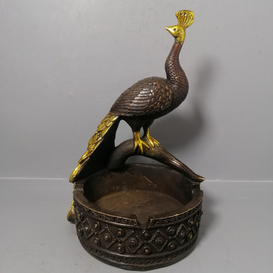 Chinese antique pure copper peacock ashtray ornament