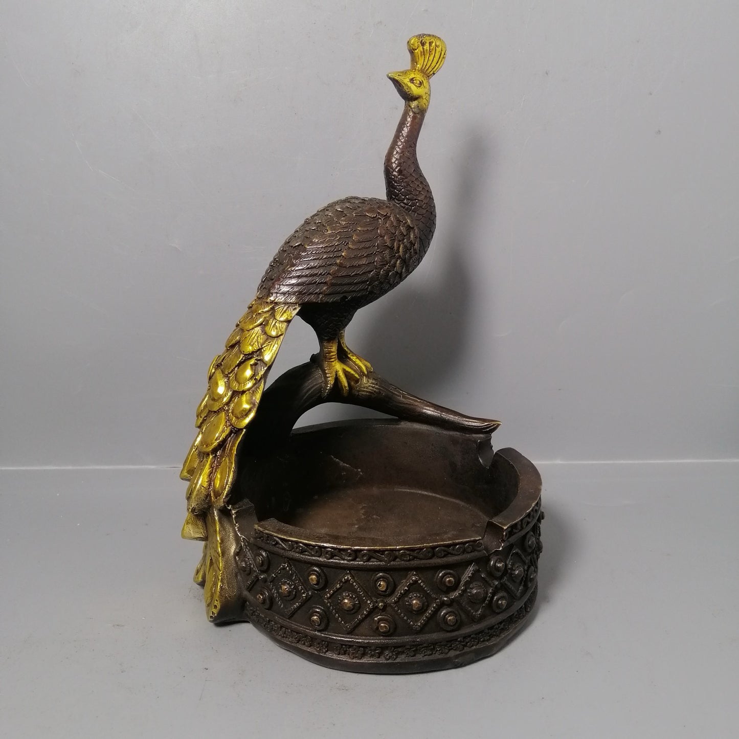 Chinese antique pure copper peacock ashtray ornament