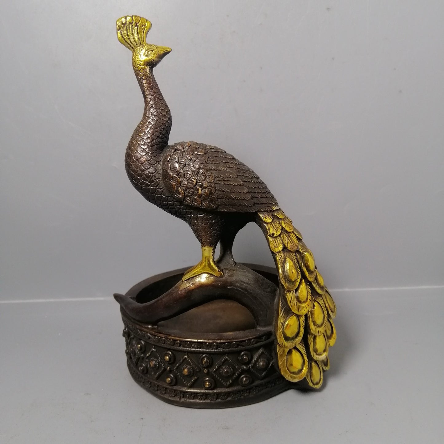 Chinese antique pure copper peacock ashtray ornament