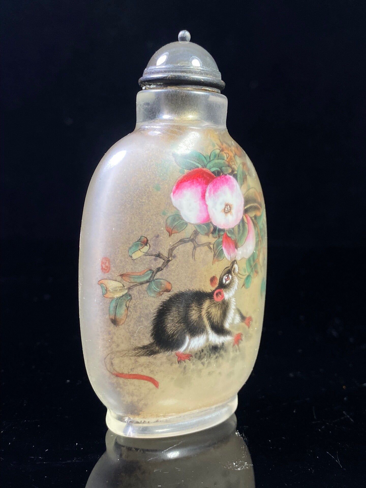 Chinese antique glass interior painting attracts wealth, rat snuff bottle
