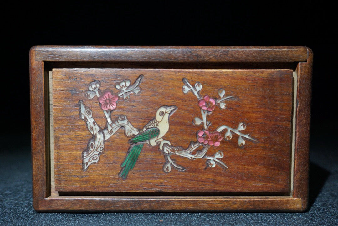 Flower pear wood inlaid shell with joyful eyebrows mechanism box