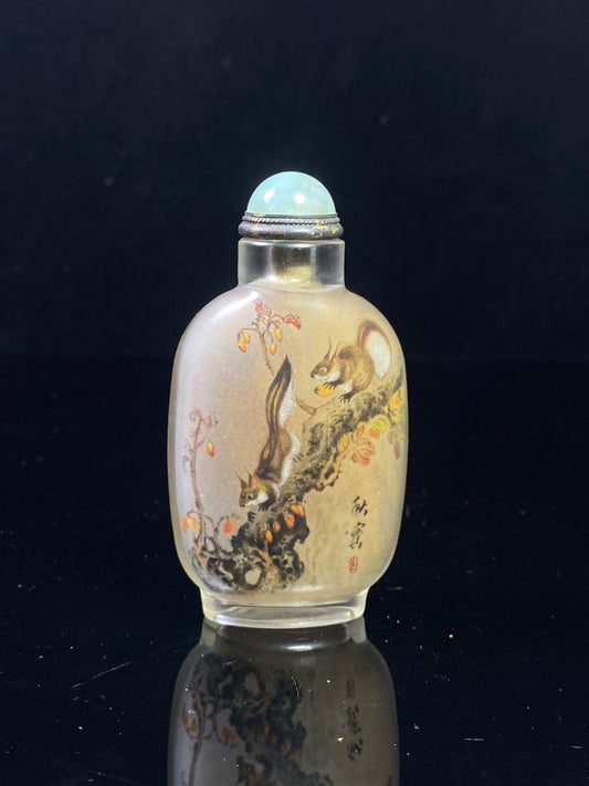 Chinese antique glass interior painting depicting squirrels foraging, snuff bottle