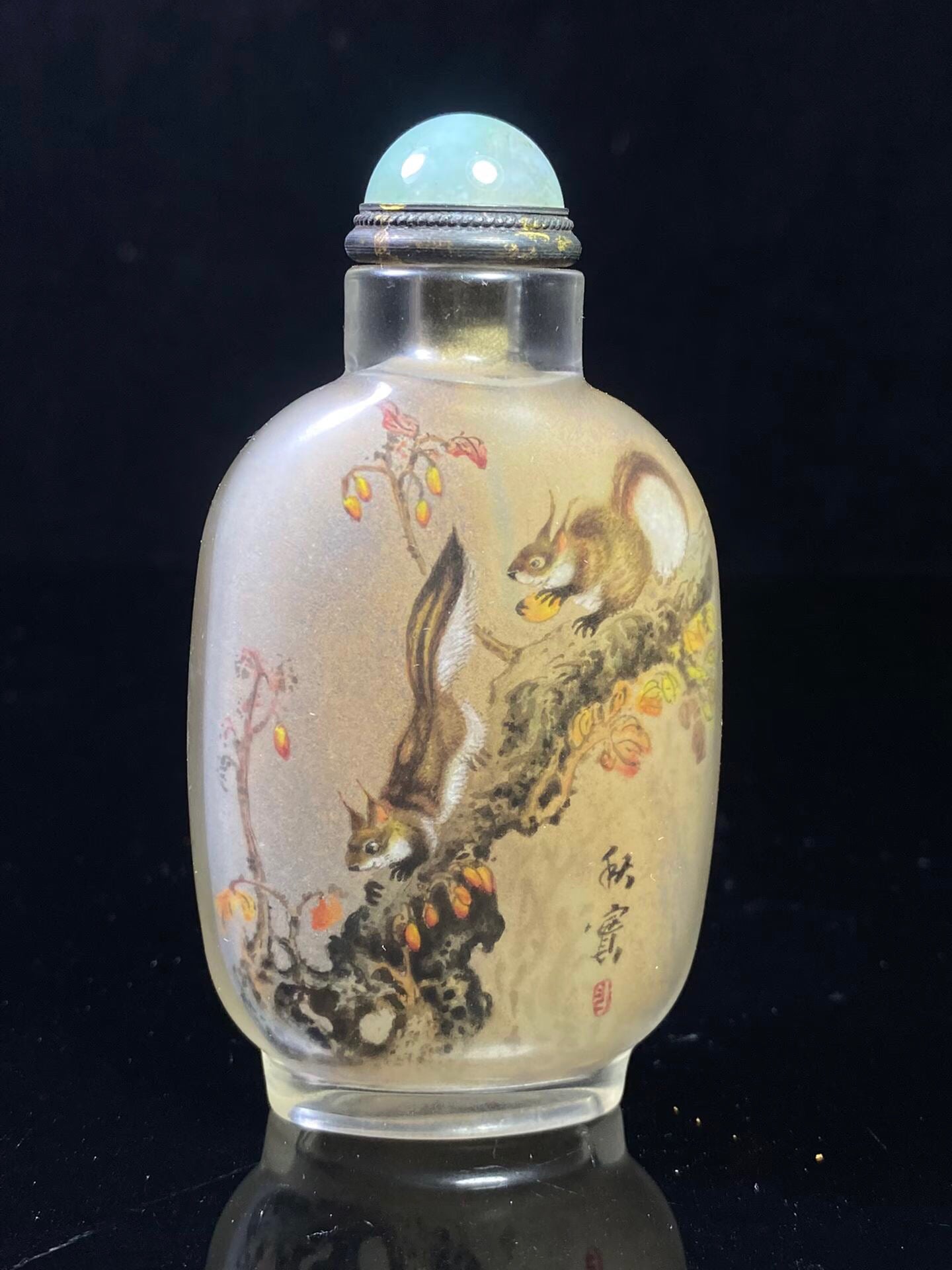Chinese antique glass interior painting depicting squirrels foraging, snuff bottle
