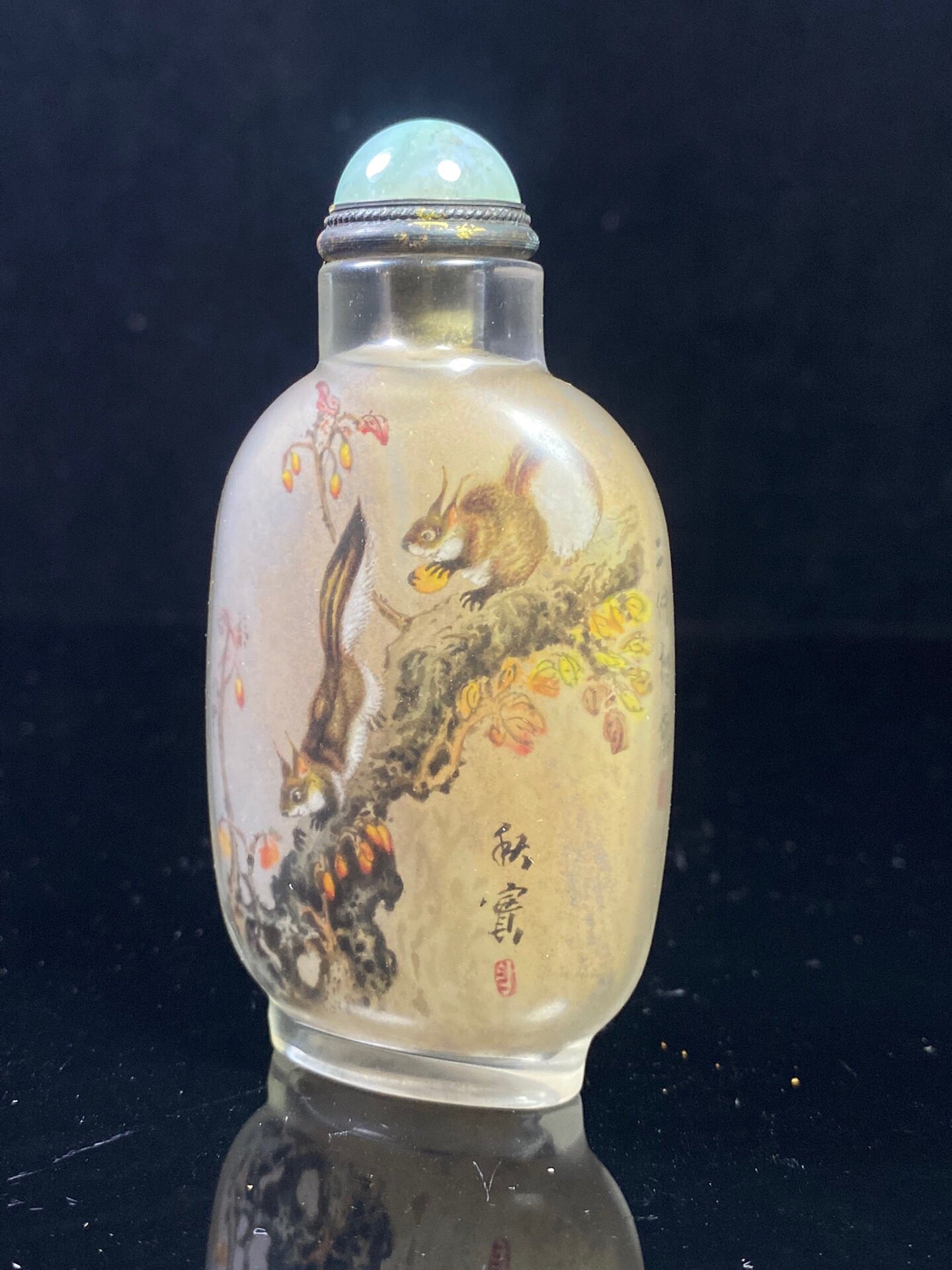 Chinese antique glass interior painting depicting squirrels foraging, snuff bottle