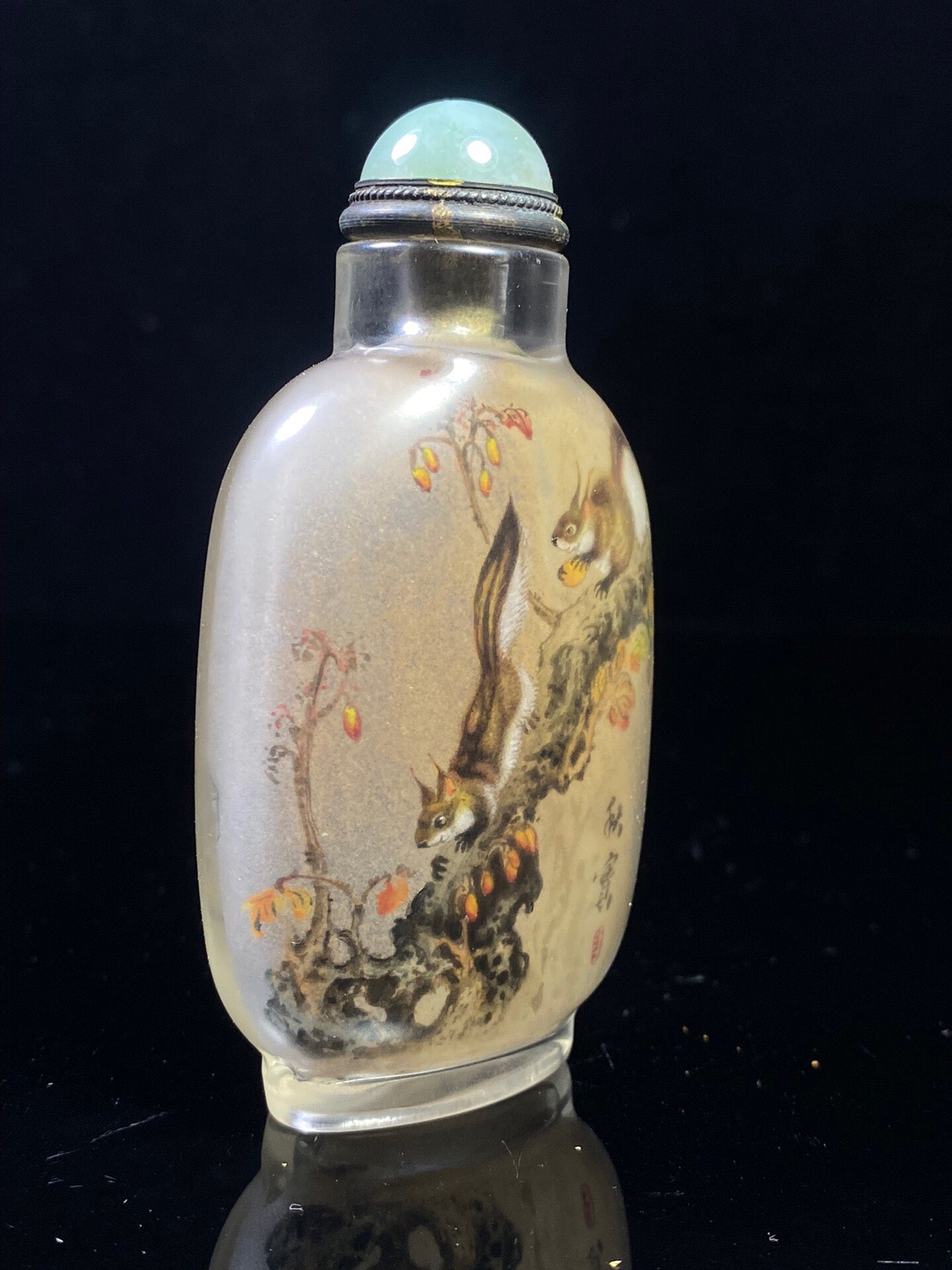Chinese antique glass interior painting depicting squirrels foraging, snuff bottle