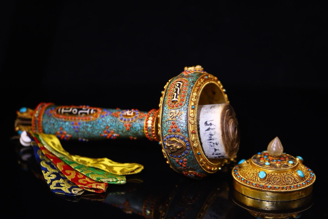 Silver handmade inlay, crystal, celestial beads handmade filigree, gold-plated spinning wheel