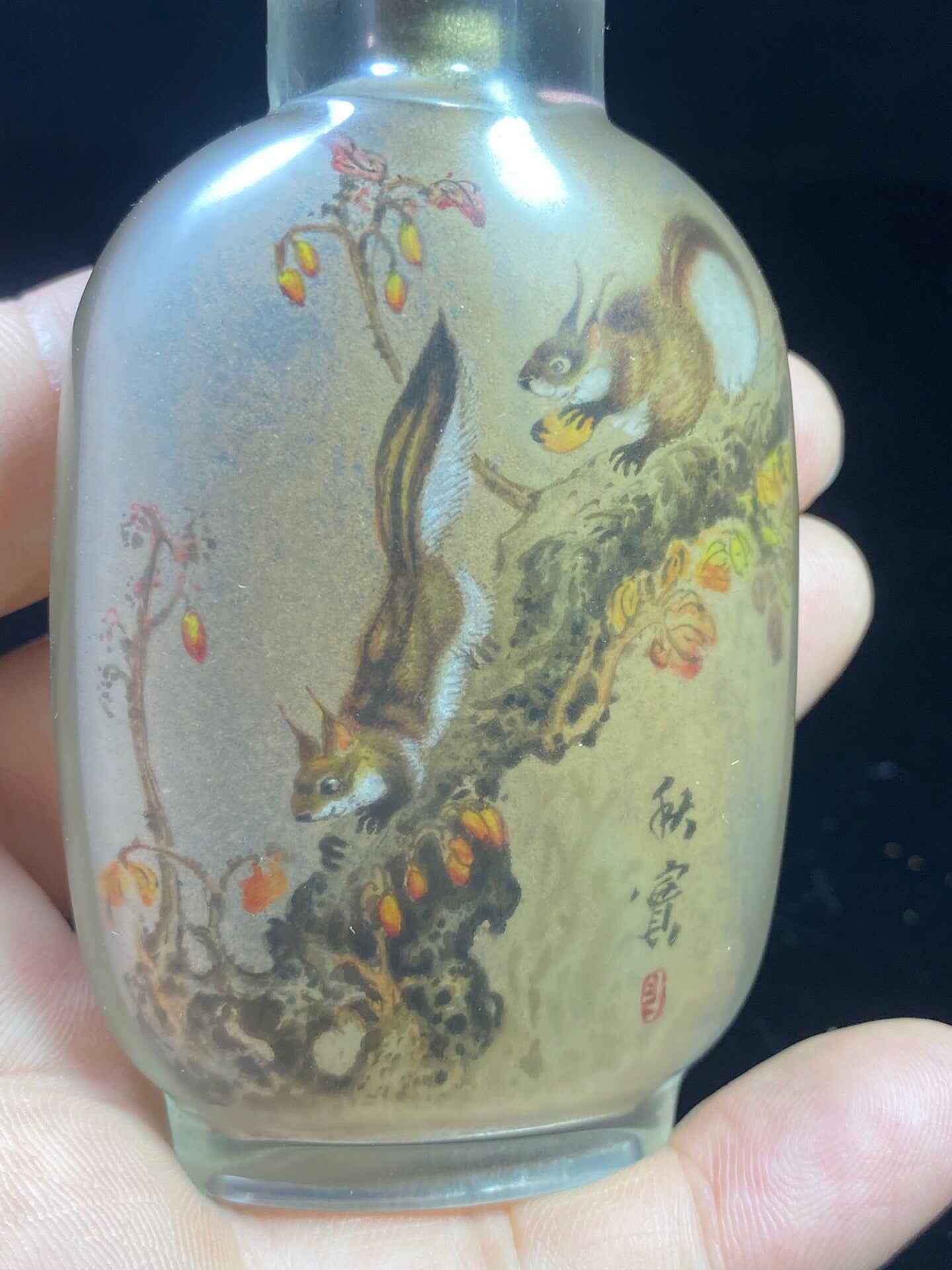 Chinese antique glass interior painting depicting squirrels foraging, snuff bottle