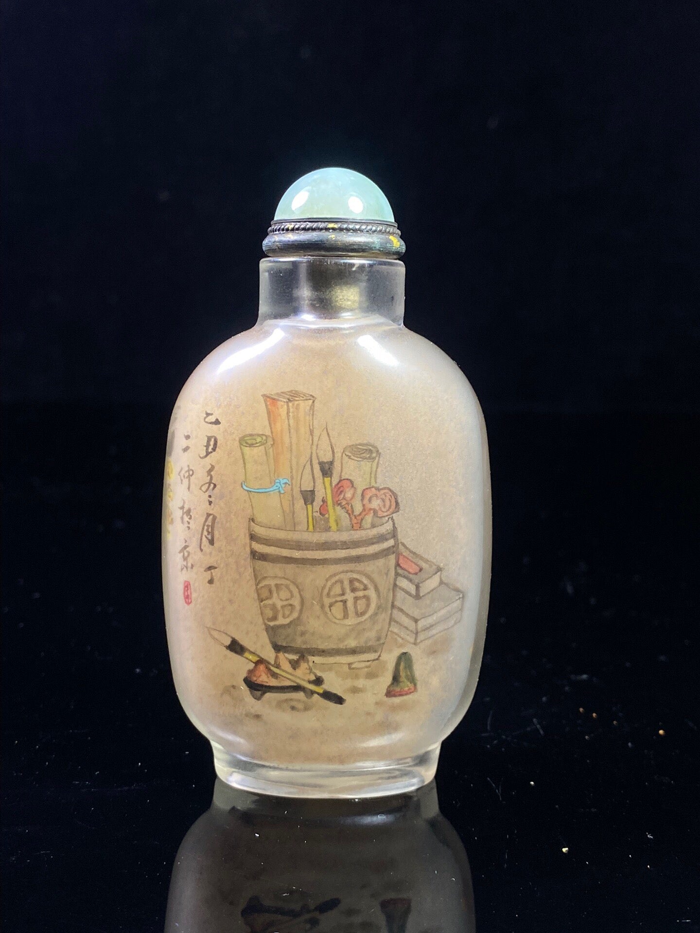 Chinese antique glass interior painting depicting squirrels foraging, snuff bottle