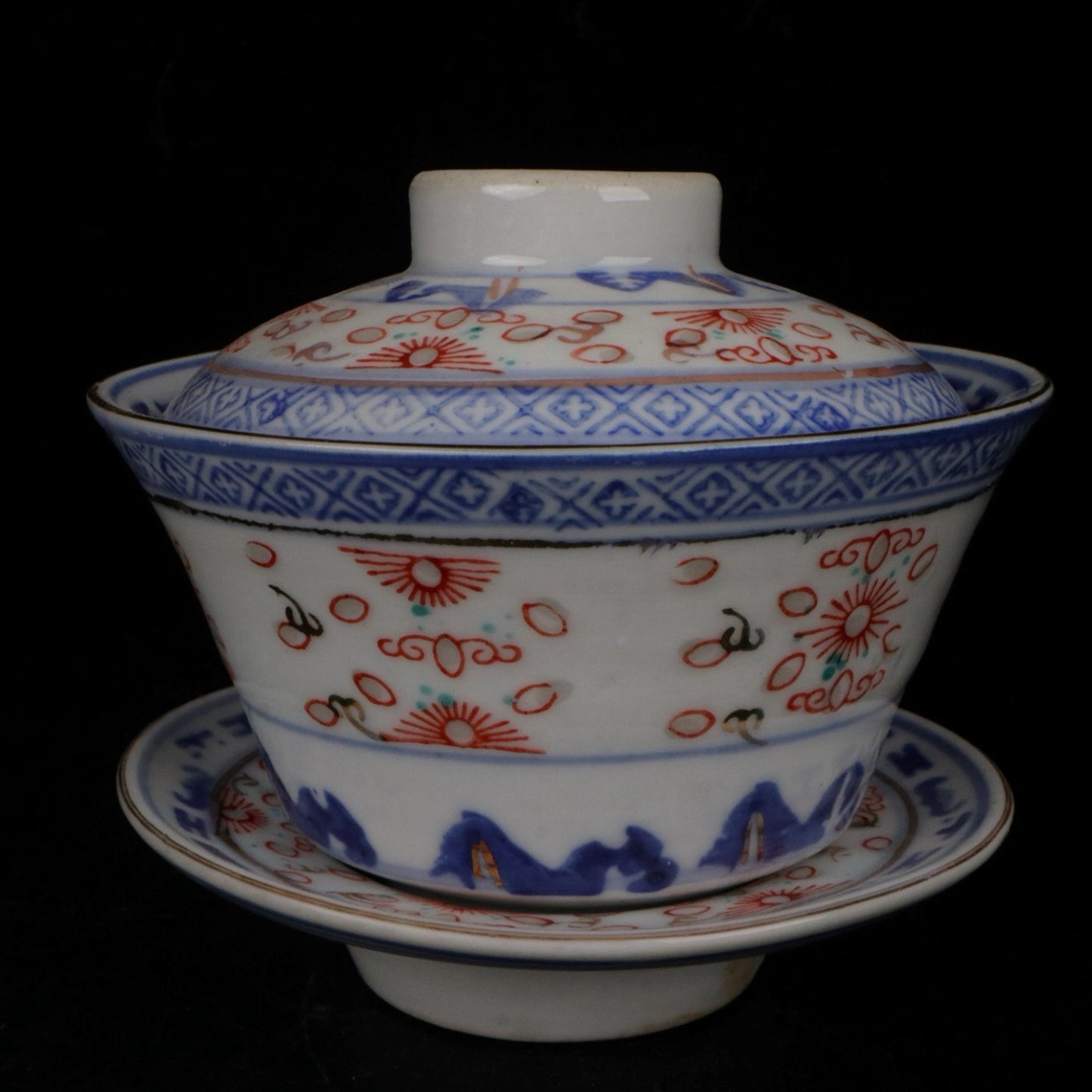 Ceramic blue and white glazed covered bowl