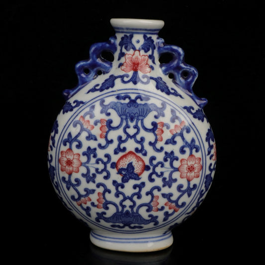 Ceramic blue and white glazed red small flat bottle