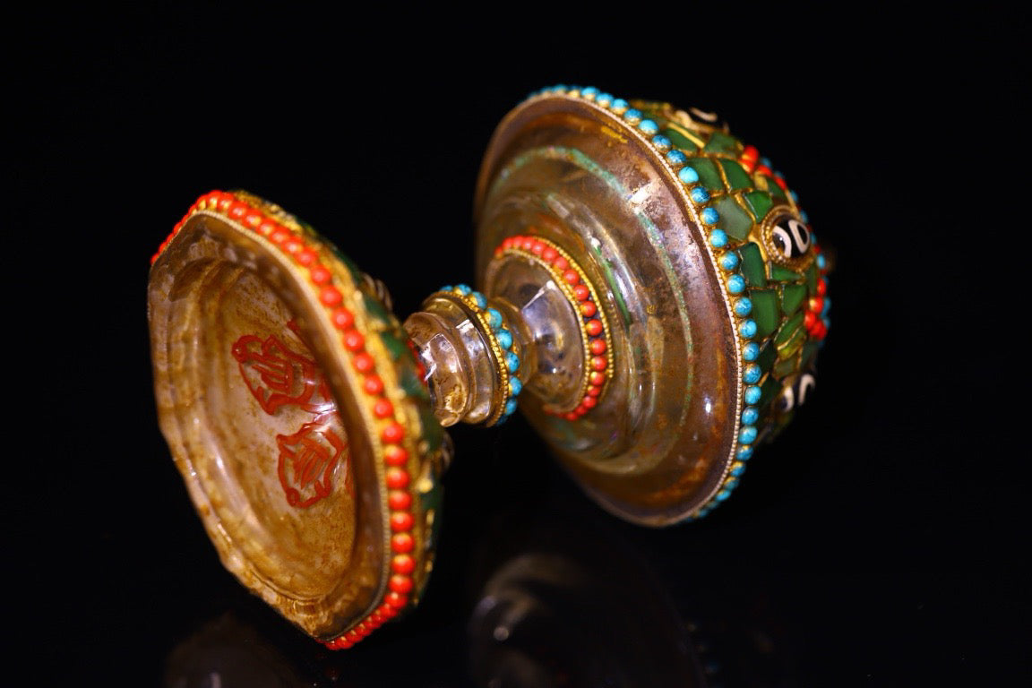 Crystal carving, inlaid with celestial beads, gemstone jar