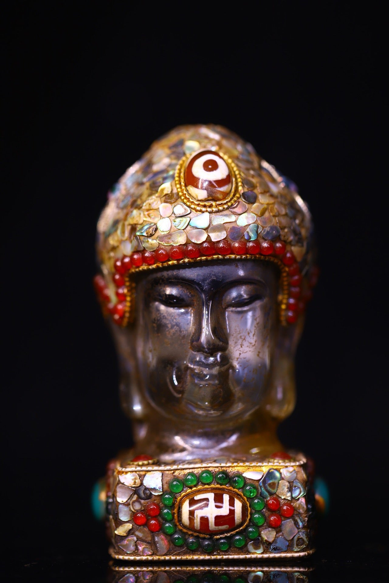 Crystal carving, inlaid with celestial beads, gemstone Buddha head