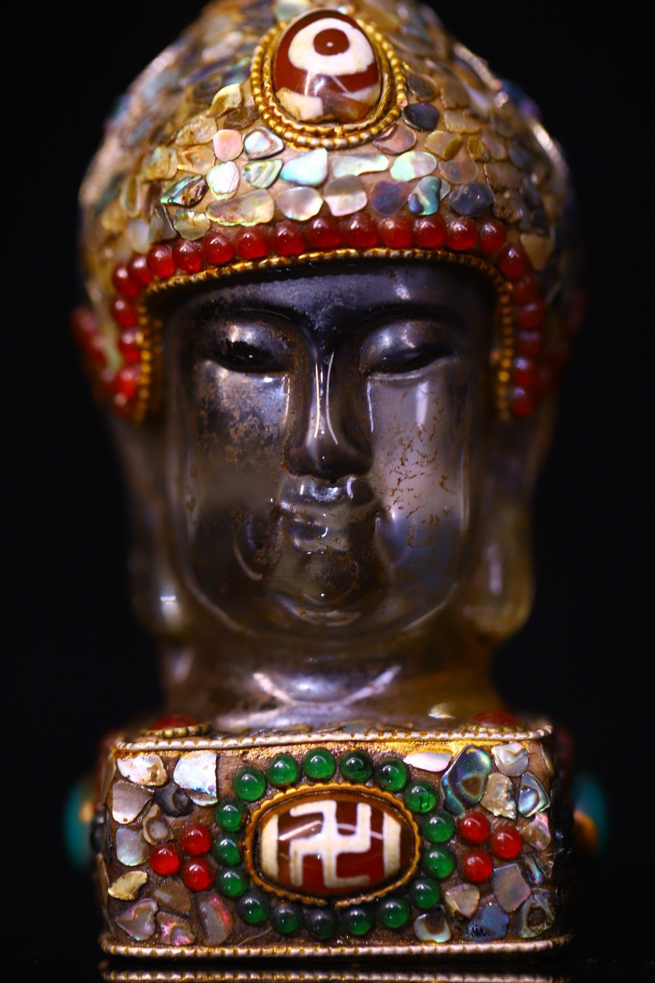 Crystal carving, inlaid with celestial beads, gemstone Buddha head