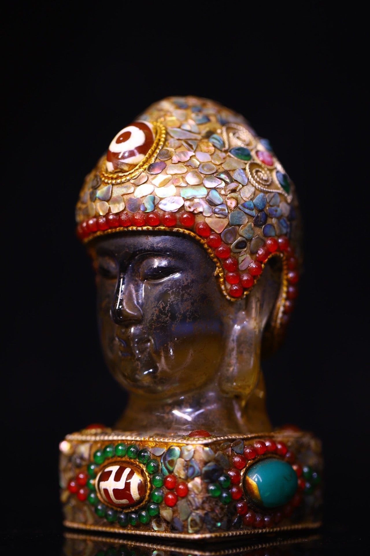 Crystal carving, inlaid with celestial beads, gemstone Buddha head