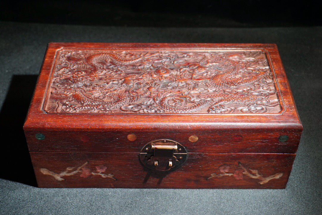 Pear wood carved two dragon playing pearl jewelry box