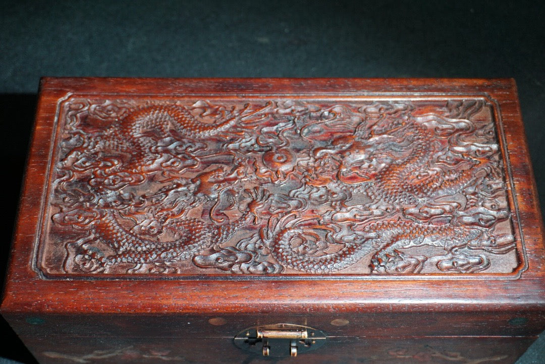 Pear wood carved two dragon playing pearl jewelry box