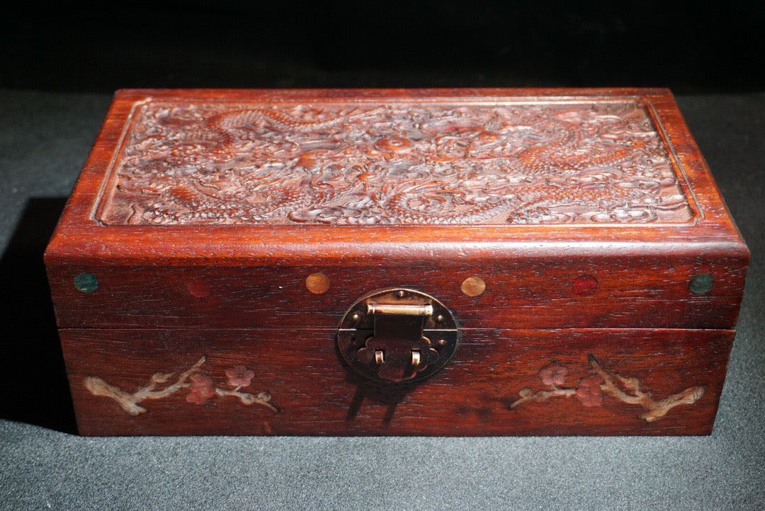 Pear wood carved two dragon playing pearl jewelry box