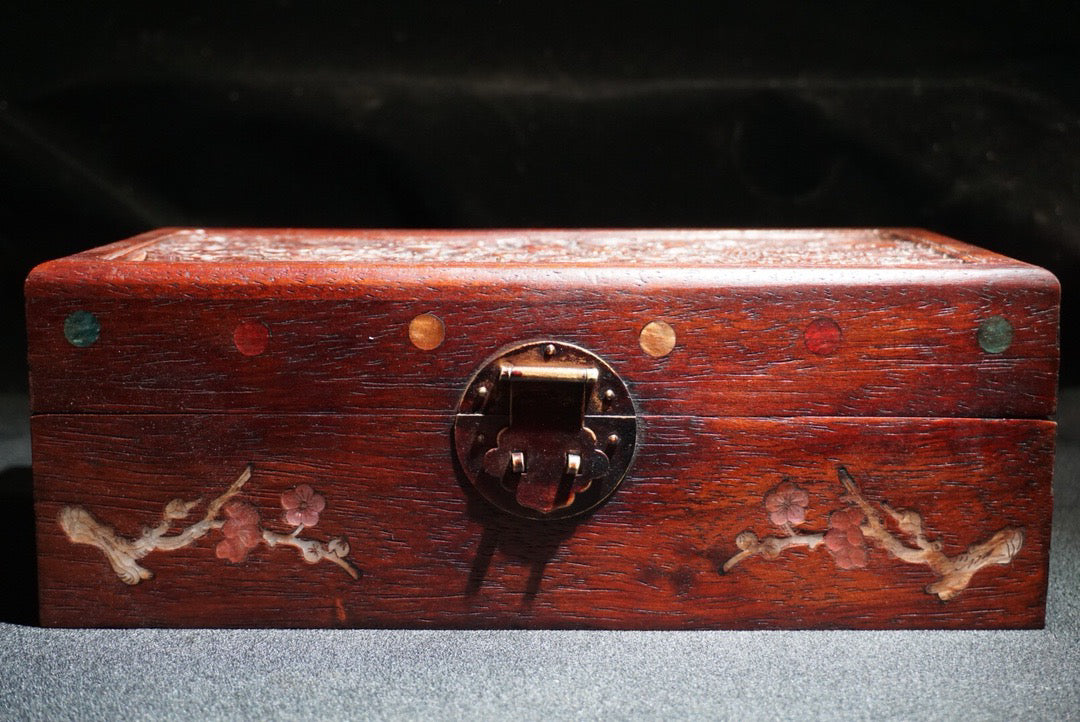 Pear wood carved two dragon playing pearl jewelry box