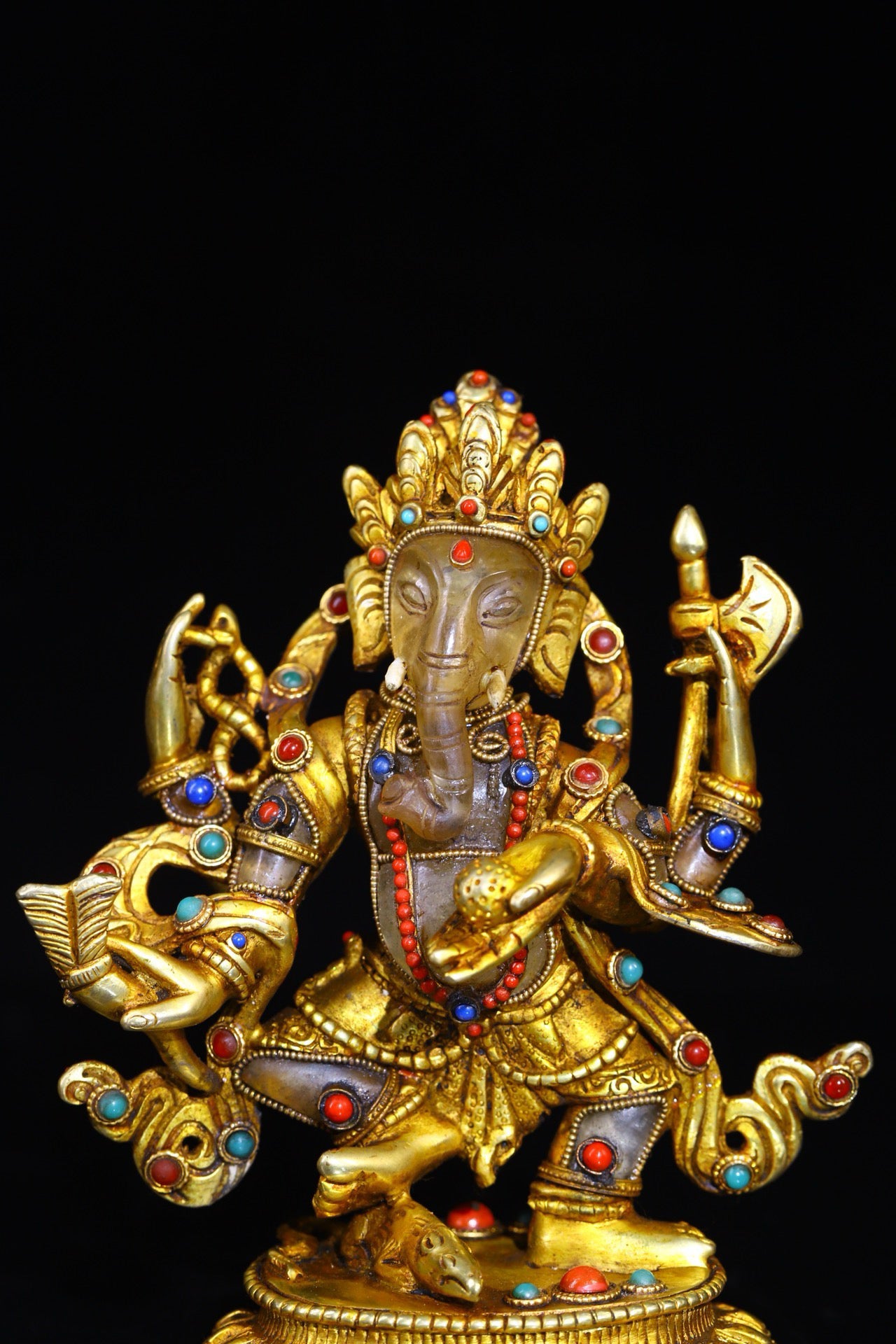 Natural crystal handcrafted, gold-plated filigree inlaid with gemstones, elephant nosed god of wealth
