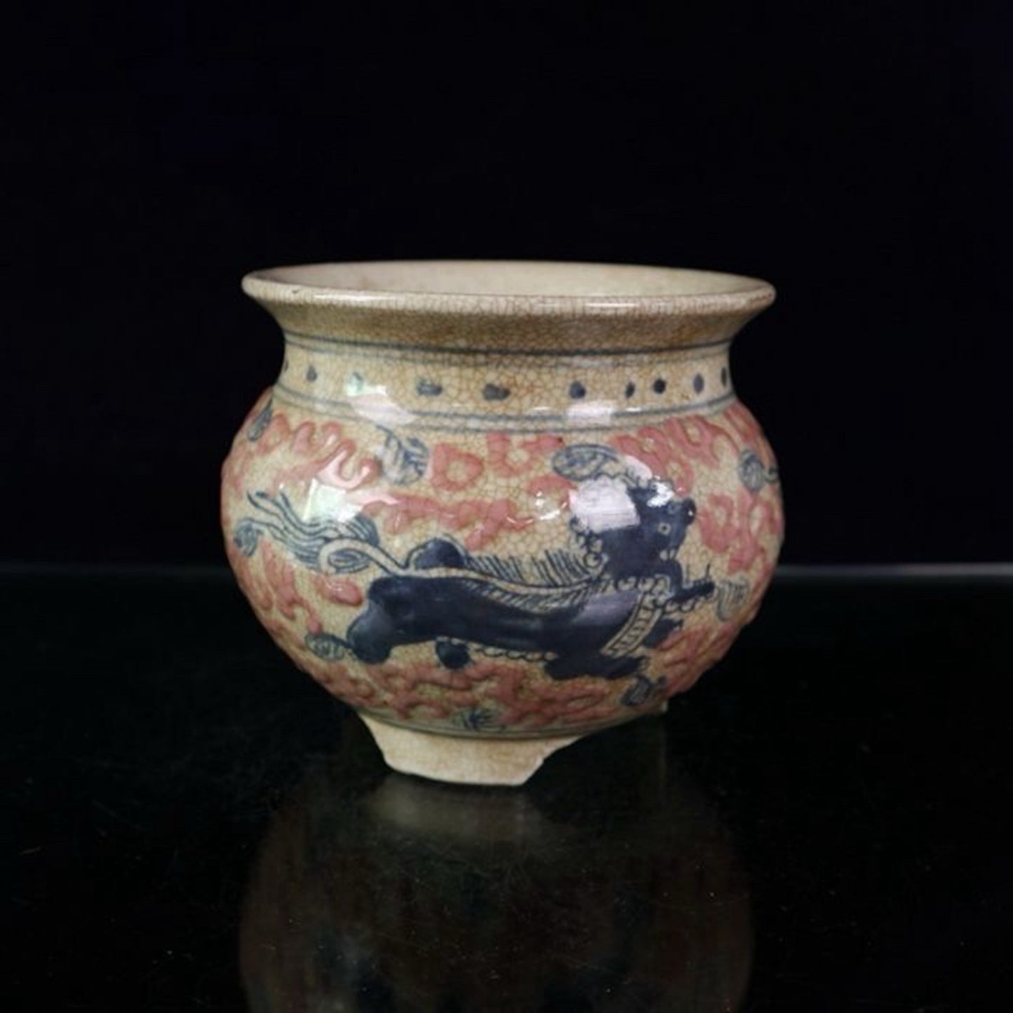 Ceramic blue and white glazed red lion pattern incense burner