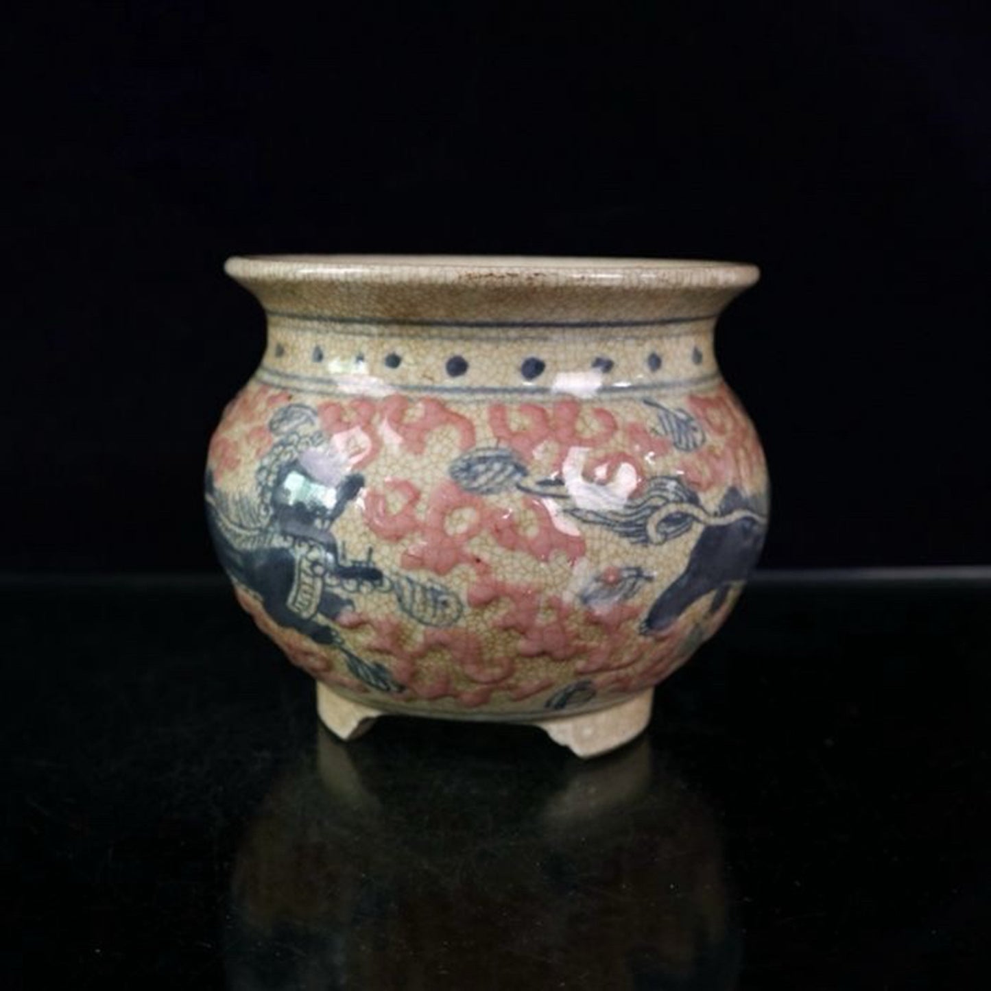 Ceramic blue and white glazed red lion pattern incense burner