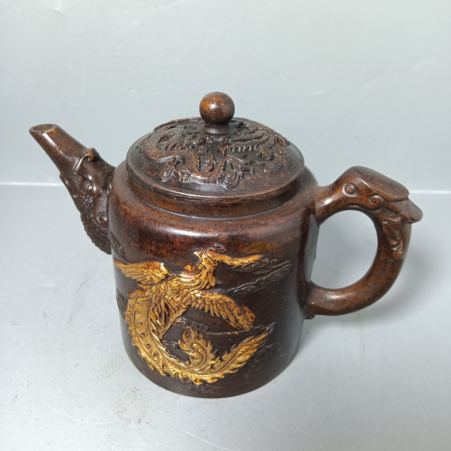 Chinese antique pure copper dragon and phoenix pot ornament