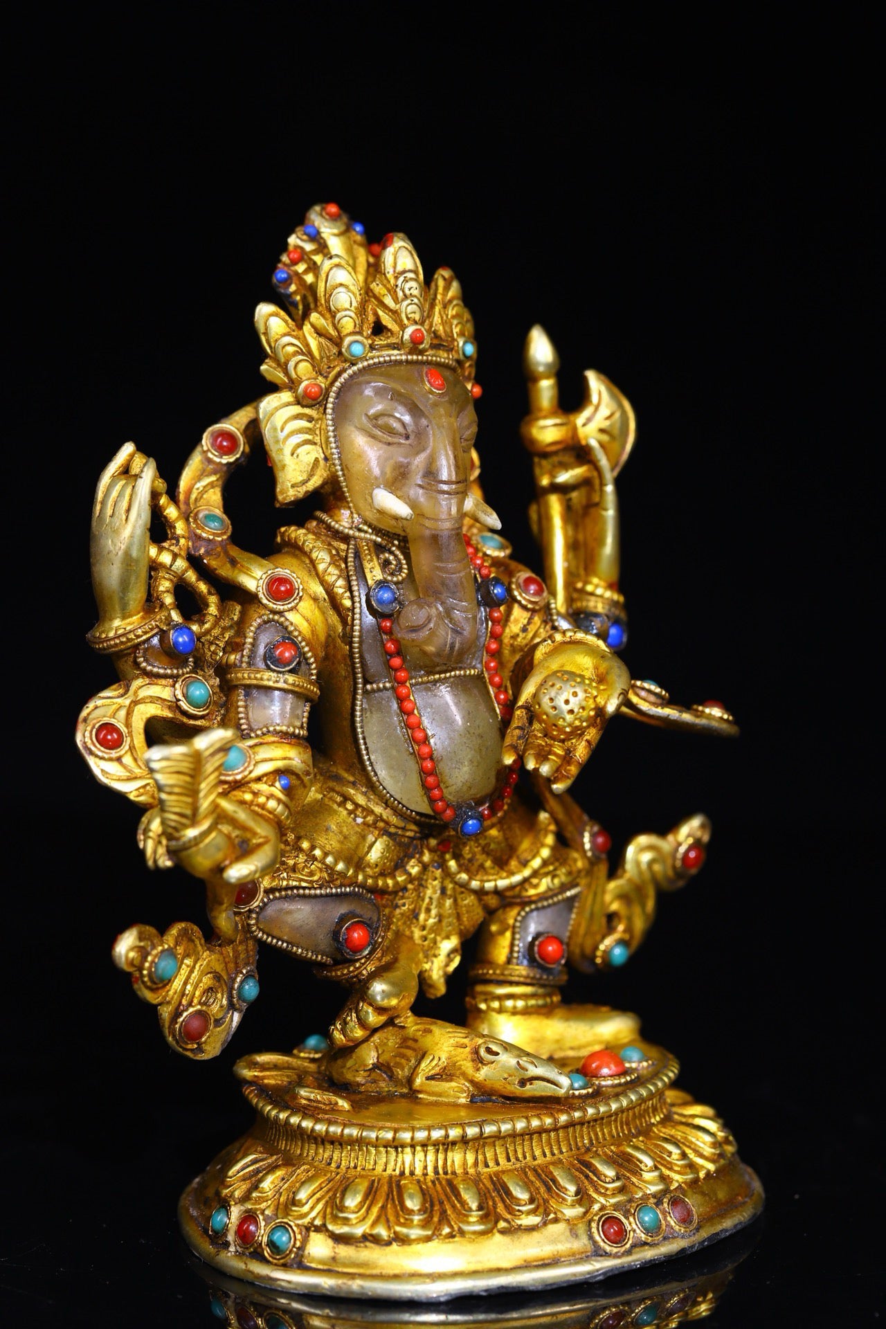 Natural crystal handcrafted, gold-plated filigree inlaid with gemstones, elephant nosed god of wealth