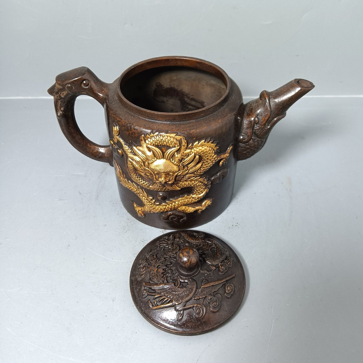 Chinese antique pure copper dragon and phoenix pot ornament