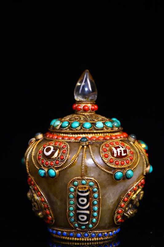 Natural crystal handmade filigree inlaid gemstones, treasure jar