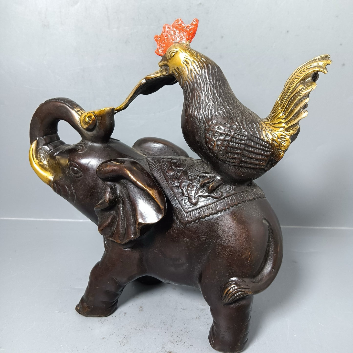 Chinese antique pure copper chicken elephant Ruyi ornament