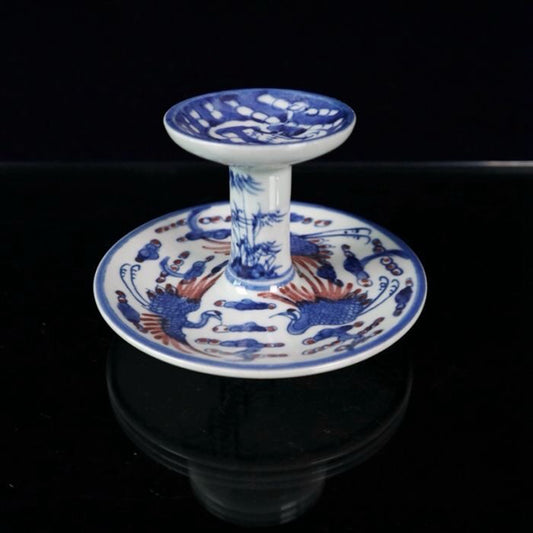 Ceramic blue and white glazed candlestick
