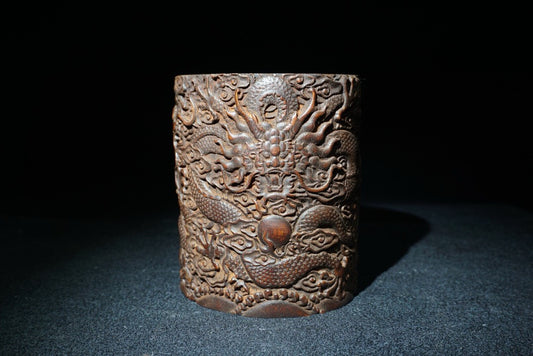 Bamboo carved dragon patterned study pen holder