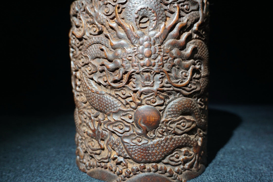 Bamboo carved dragon patterned study pen holder