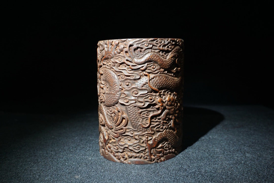 Bamboo carved dragon patterned study pen holder