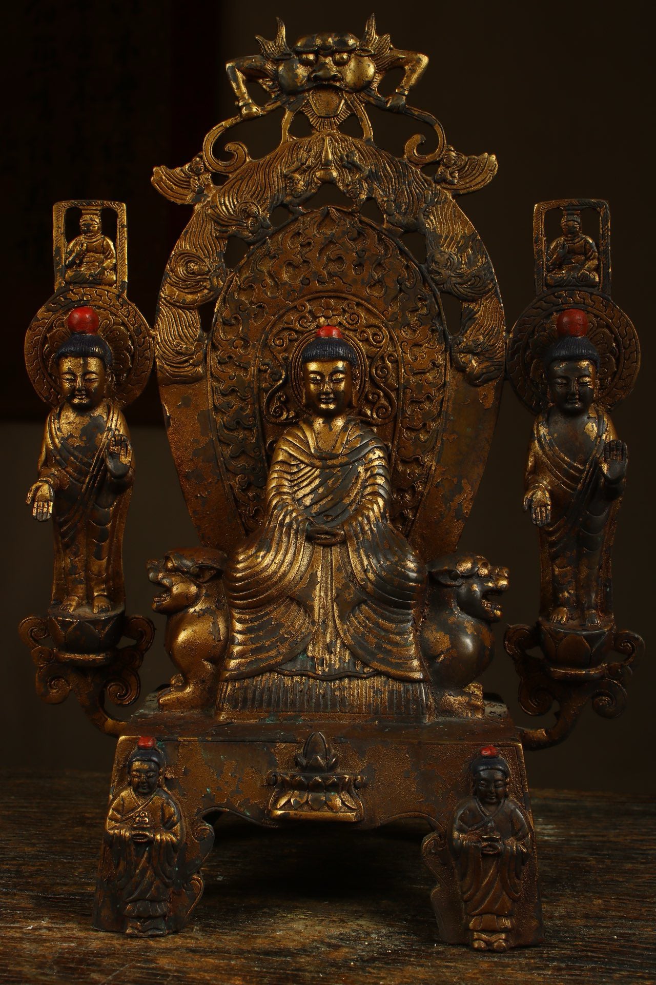 Crafted by hand with copper gilding, one Buddha and two disciples