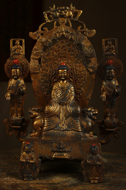 Crafted by hand with copper gilding, one Buddha and two disciples