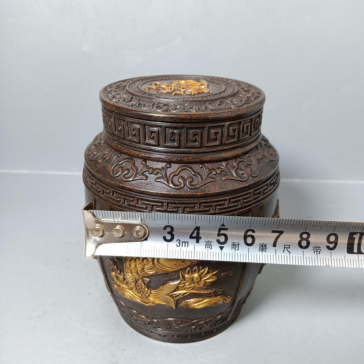 Chinese antique pure copper fish tea jar ornaments
