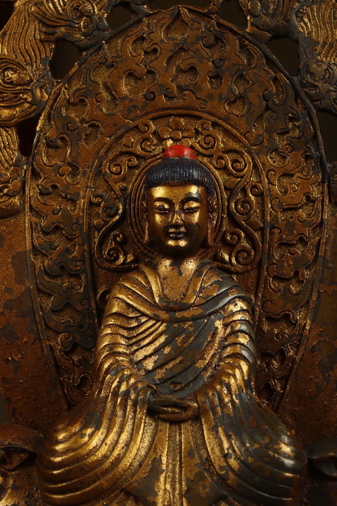 Crafted by hand with copper gilding, one Buddha and two disciples