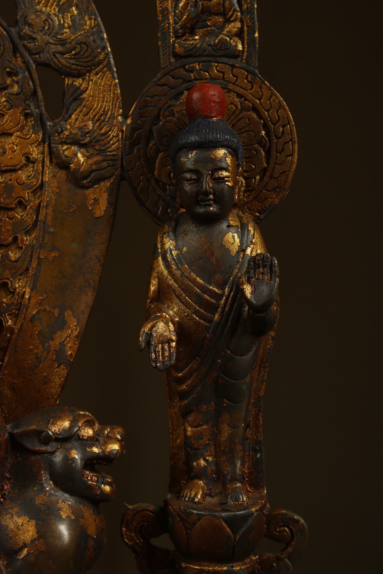 Crafted by hand with copper gilding, one Buddha and two disciples