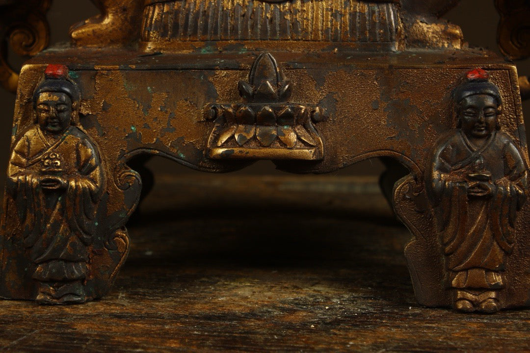 Crafted by hand with copper gilding, one Buddha and two disciples