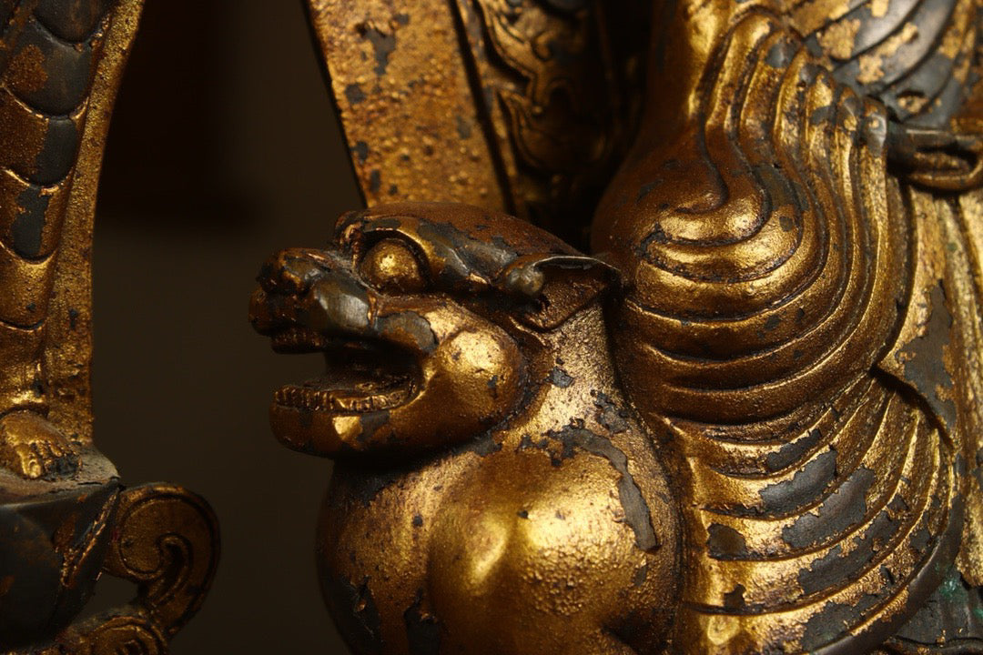 Crafted by hand with copper gilding, one Buddha and two disciples