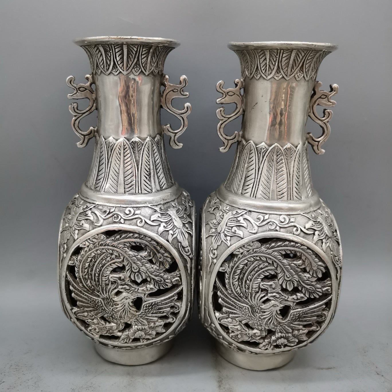 White copper dragon and phoenix vase for home decoration and ornaments