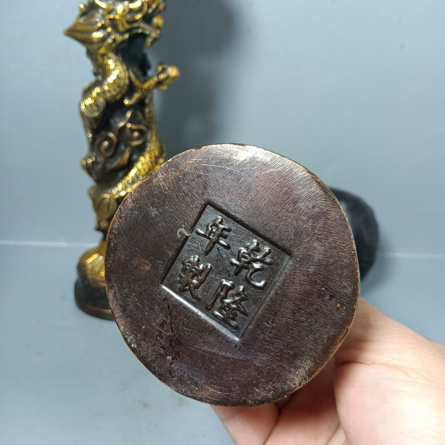 Chinese antique pure copper double dragon wax platform ornaments