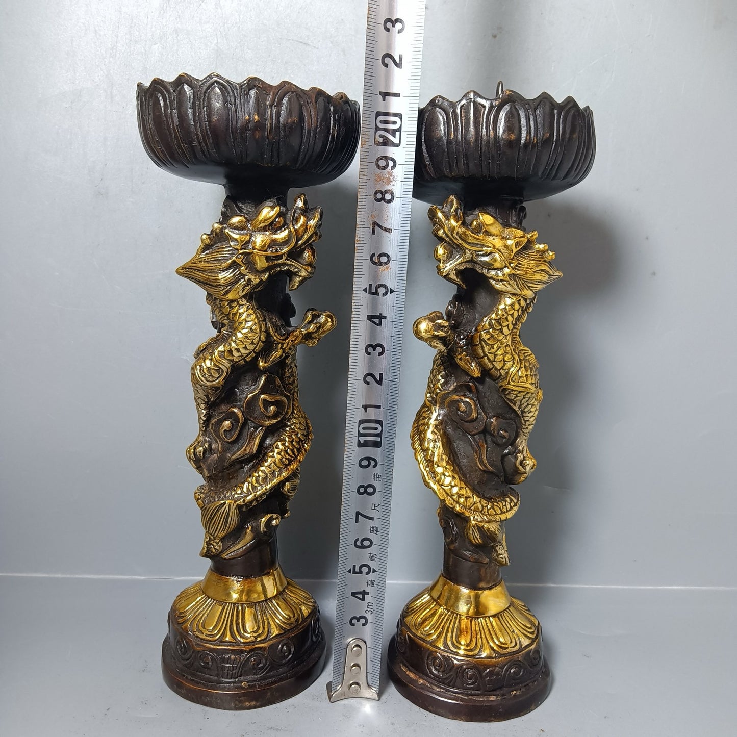 Chinese antique pure copper double dragon wax platform ornaments
