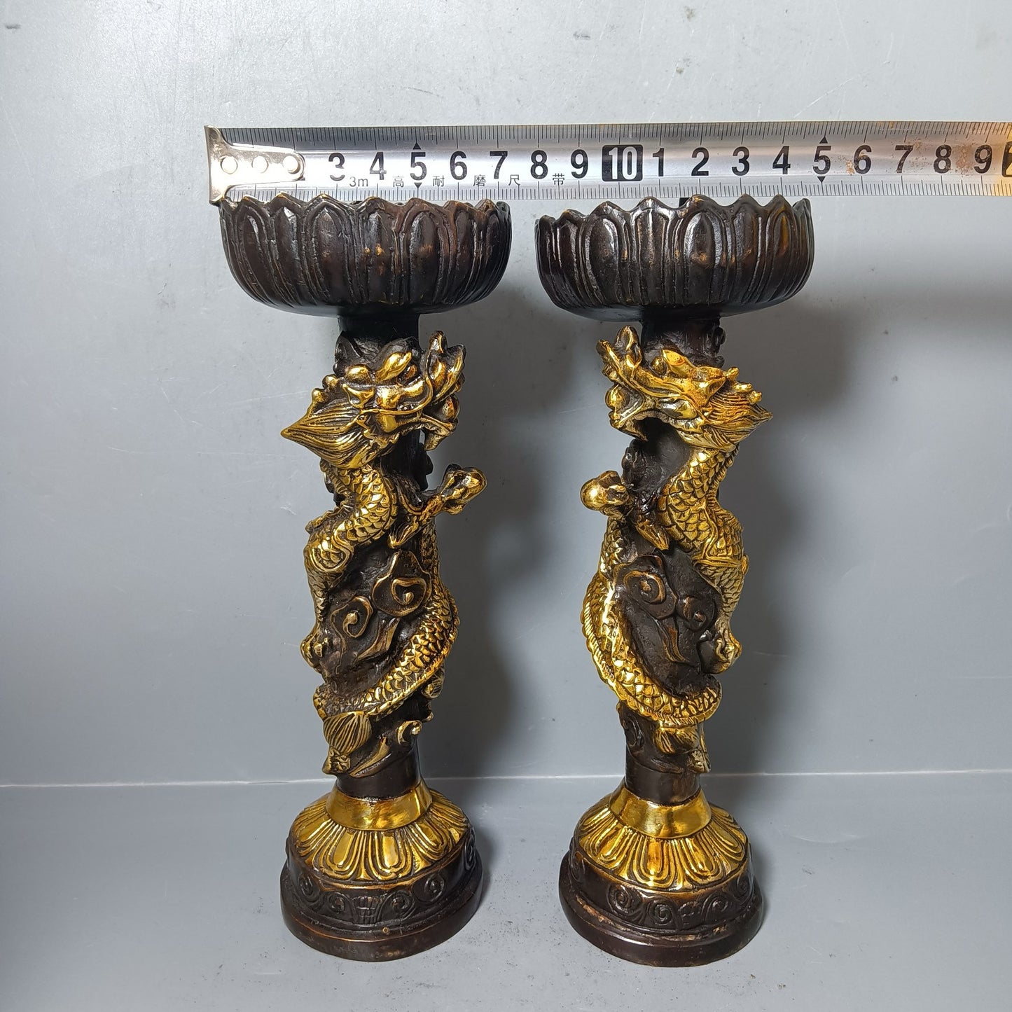 Chinese antique pure copper double dragon wax platform ornaments