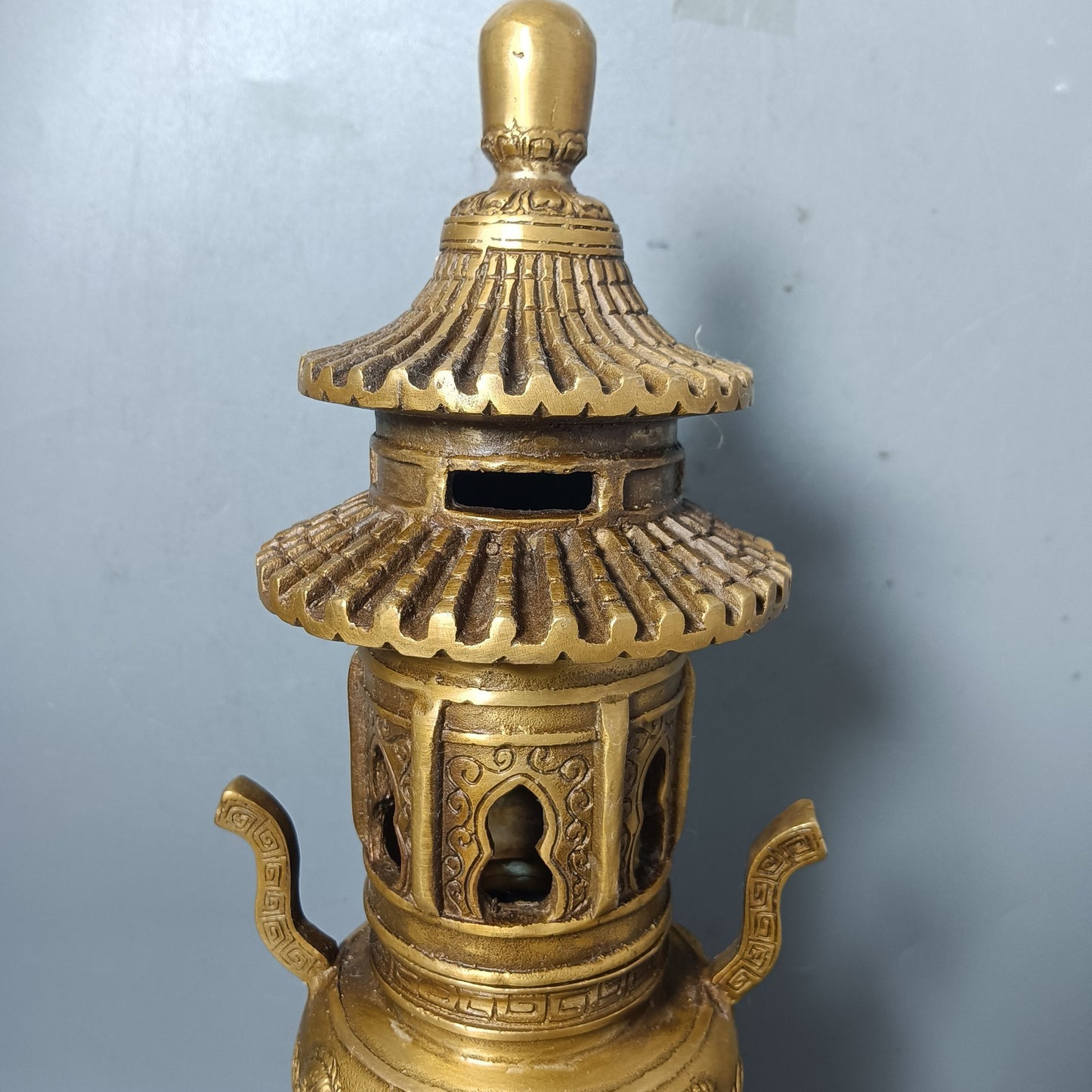 Chinese antique pure copper double dragon tower ornaments
