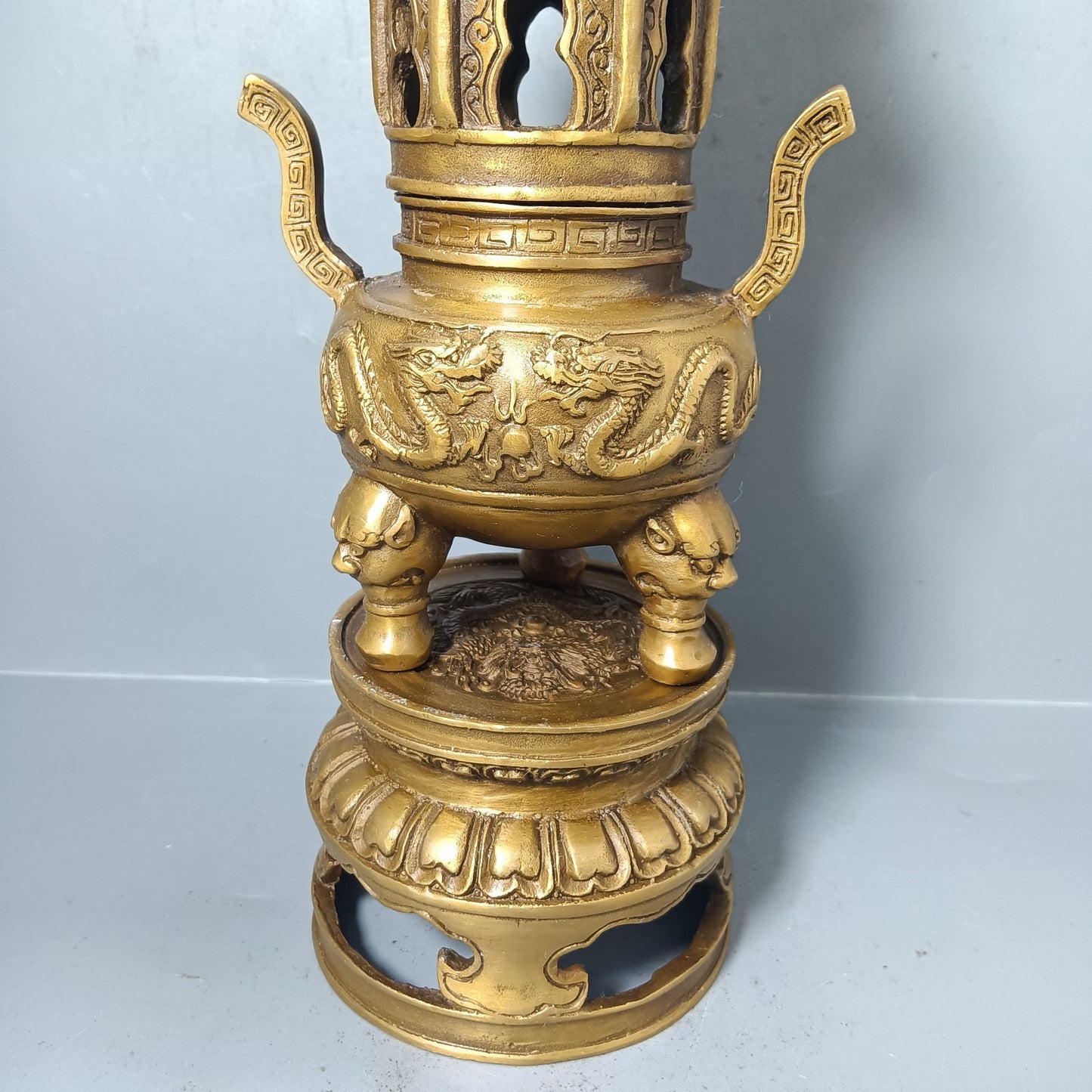 Chinese antique pure copper double dragon tower ornaments