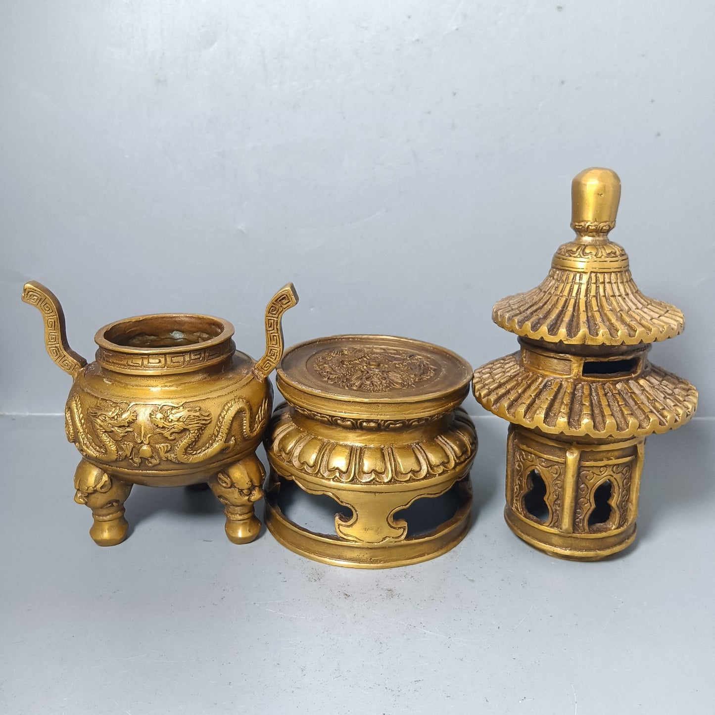Chinese antique pure copper double dragon tower ornaments
